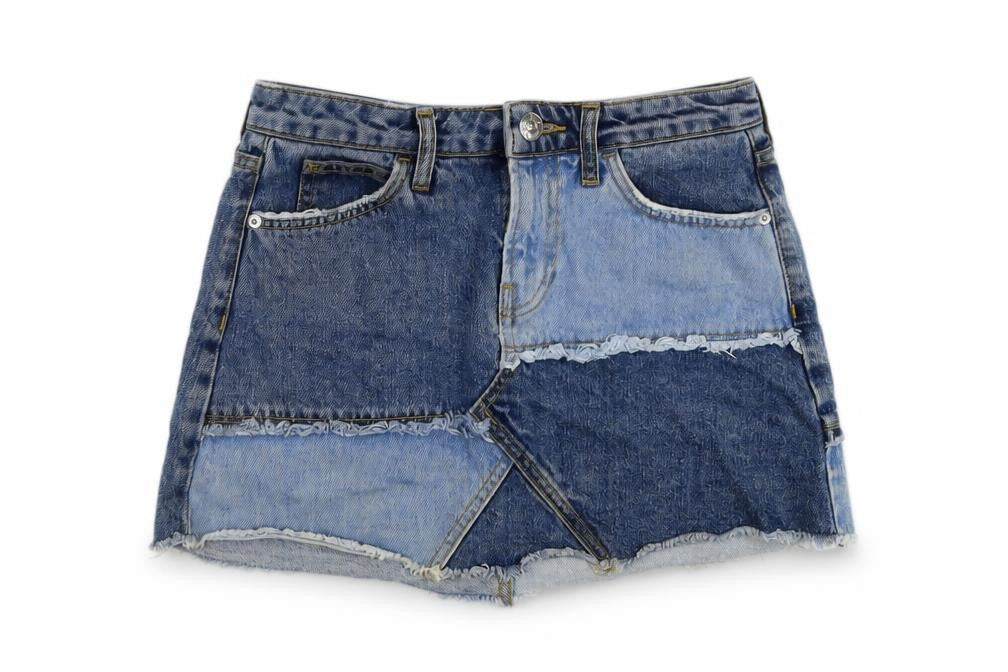 Front view of River Island women’s blue cotton mini skirt, size UK 8, button