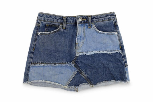 Front view of River Island women’s blue cotton mini skirt, size UK 8, button