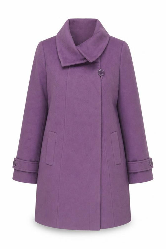 Front view of Country Casuals women’s purple overcoat coat, size UK 14, button