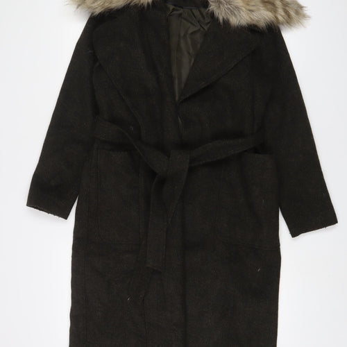New Look Womens Green Overcoat Coat Size 10 Tie - Belted, Faux Fur