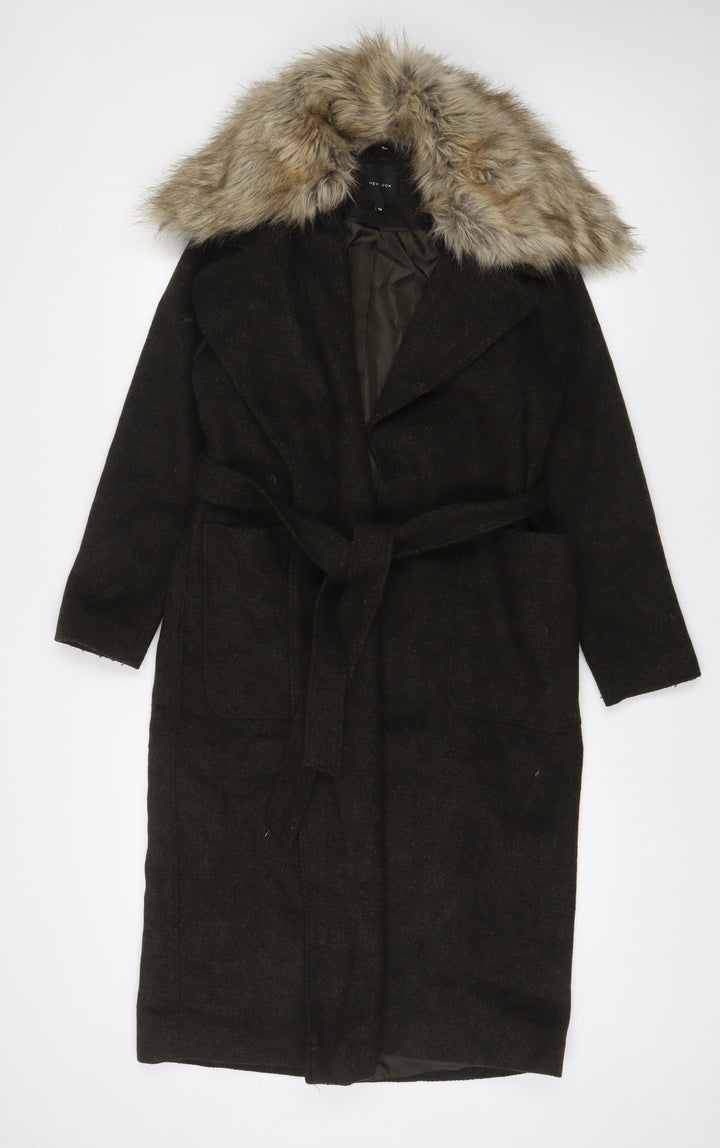 New Look Womens Green Overcoat Coat Size 10 Tie - Belted, Faux Fur