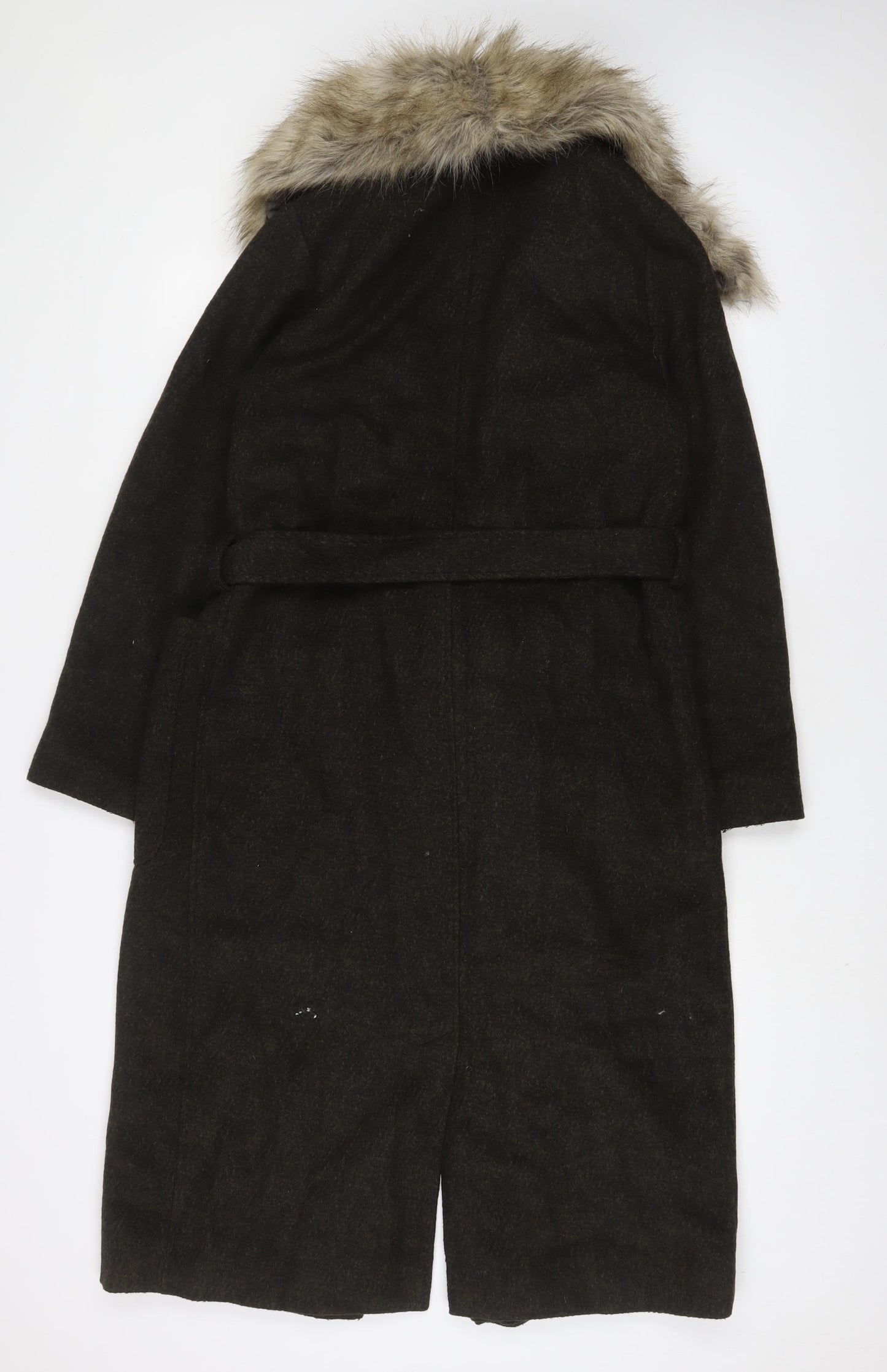New Look Womens Green Overcoat Coat Size 10 Tie - Belted, Faux Fur