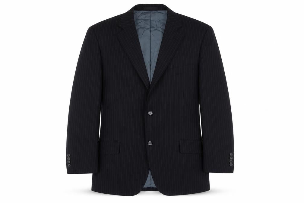 Front view of Greenwoods men’s blue striped polyester jacket suit jacket, size 44, regular