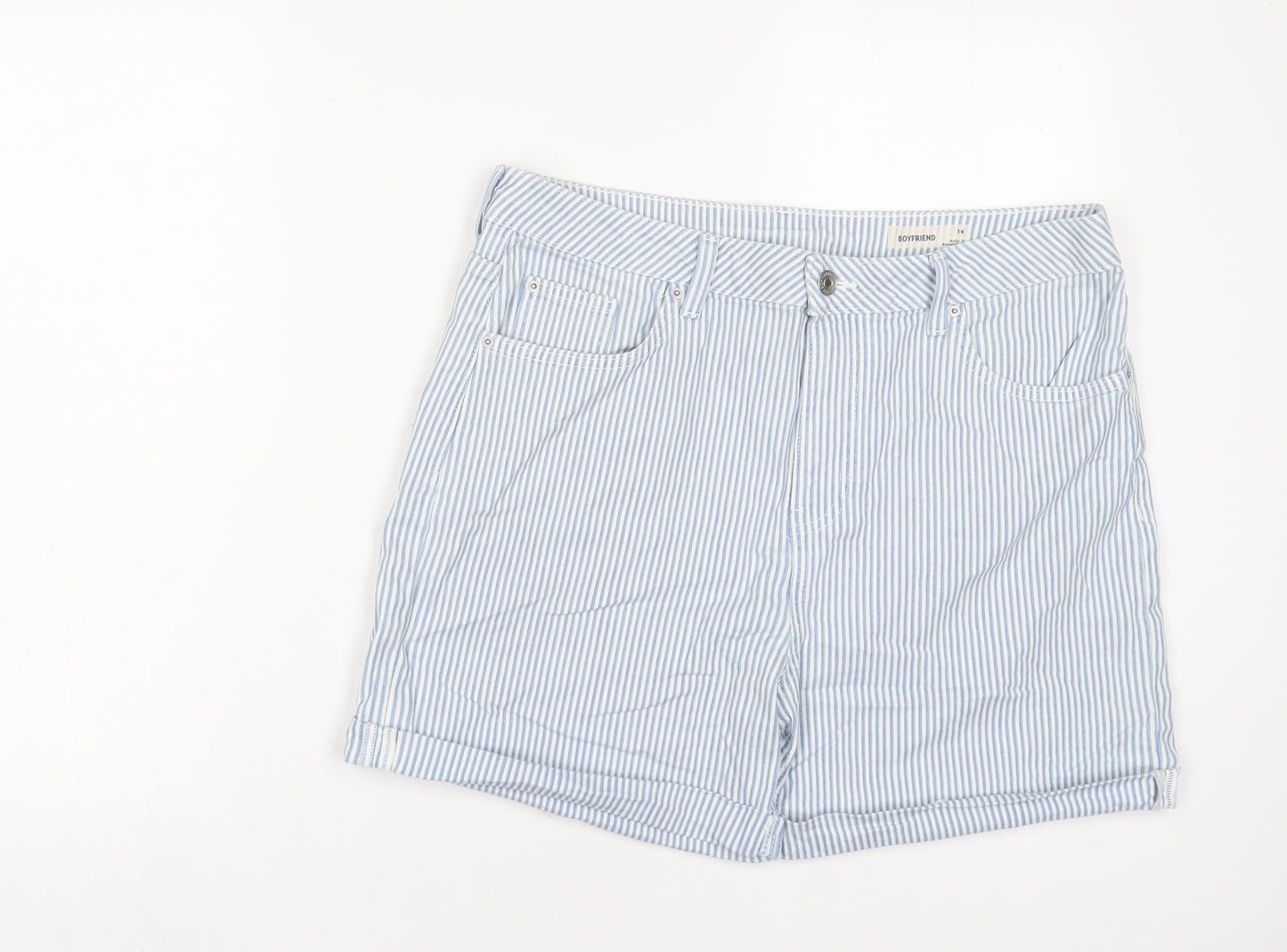 Marks and Spencer Womens Blue Striped Cotton Boyfriend Shorts Size 14 Regular Zip