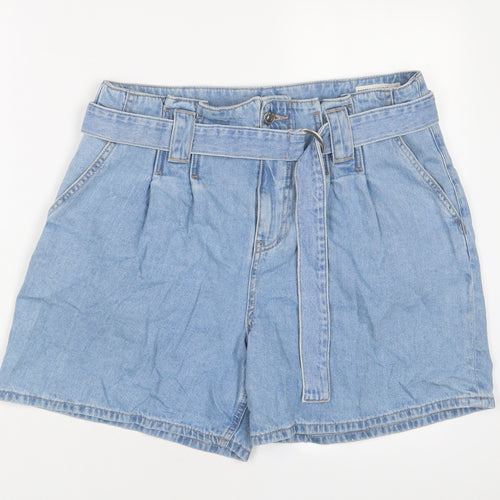 Marks and Spencer Womens Blue Cotton Paperbag Shorts Size 14 Regular Zip - Belted