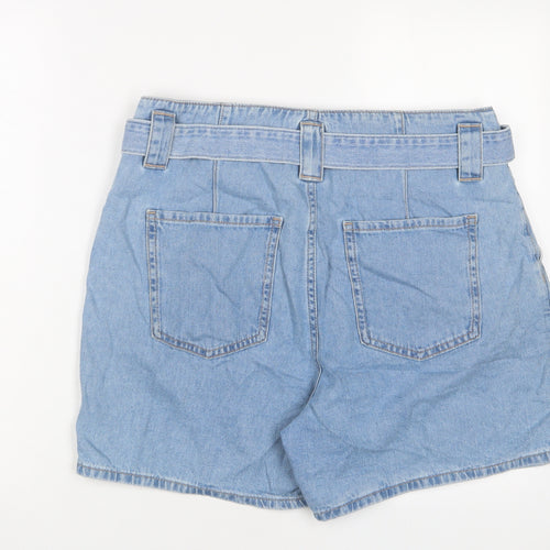 Marks and Spencer Womens Blue Cotton Paperbag Shorts Size 14 Regular Zip - Belted