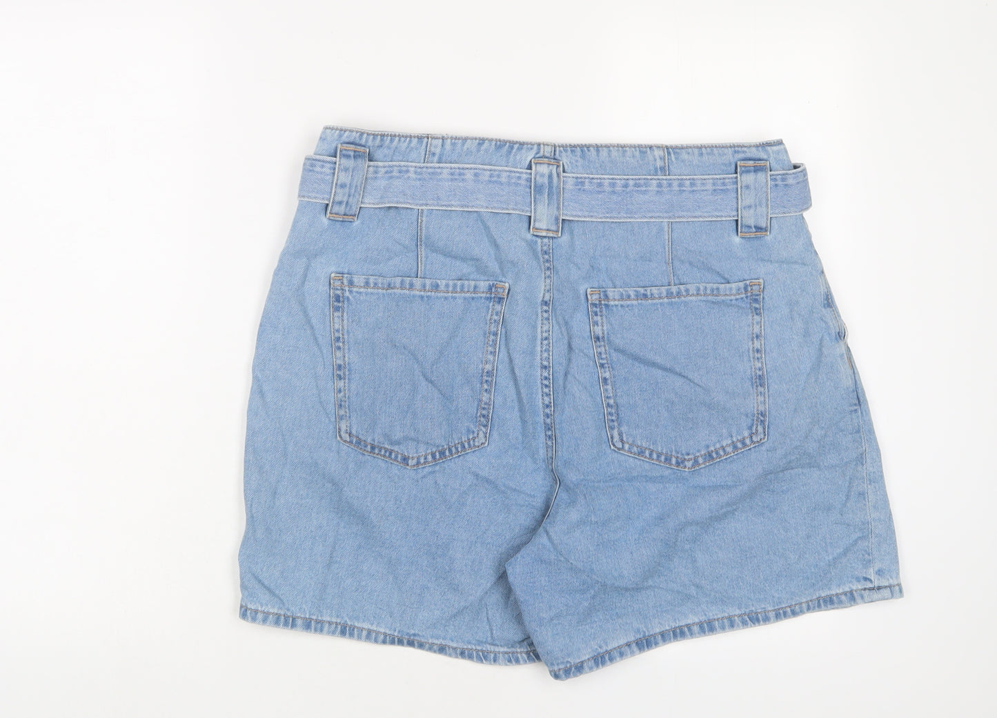 Marks and Spencer Womens Blue Cotton Paperbag Shorts Size 14 Regular Zip - Belted