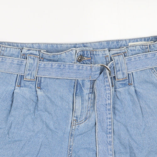 Marks and Spencer Womens Blue Cotton Paperbag Shorts Size 14 Regular Zip - Belted