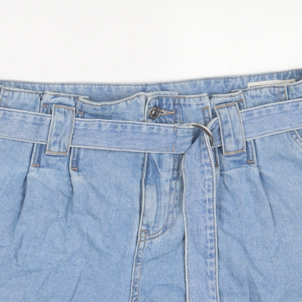 Marks and Spencer Womens Blue Cotton Paperbag Shorts Size 14 Regular Zip - Belted