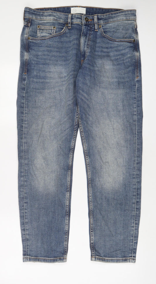 Marks and Spencer Mens Blue Cotton Straight Jeans Size 32 in L29 in Slim Zip - Short Leg