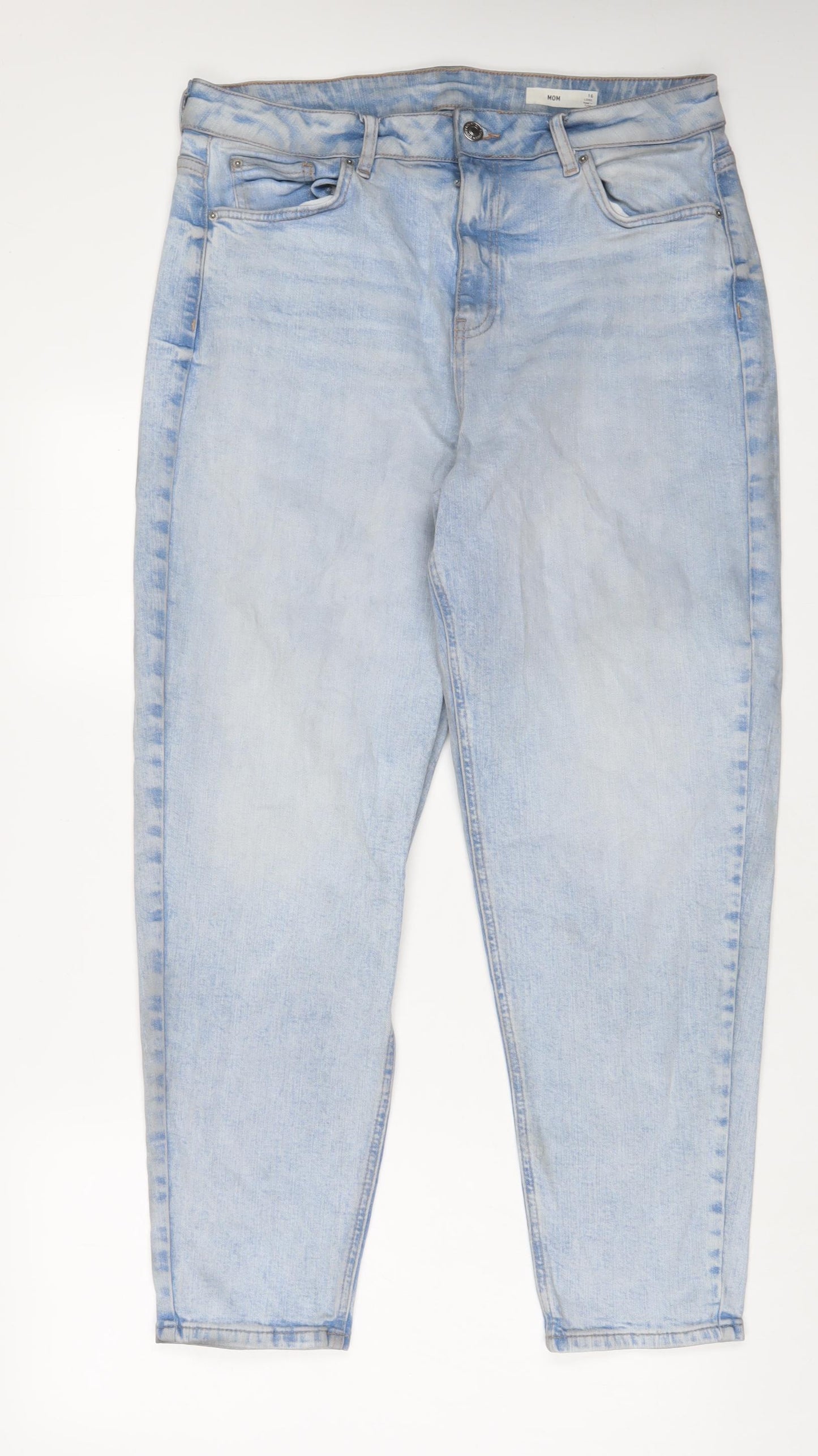 Marks and Spencer Womens Blue Cotton Mom Jeans Size 16 L29 in Regular Zip