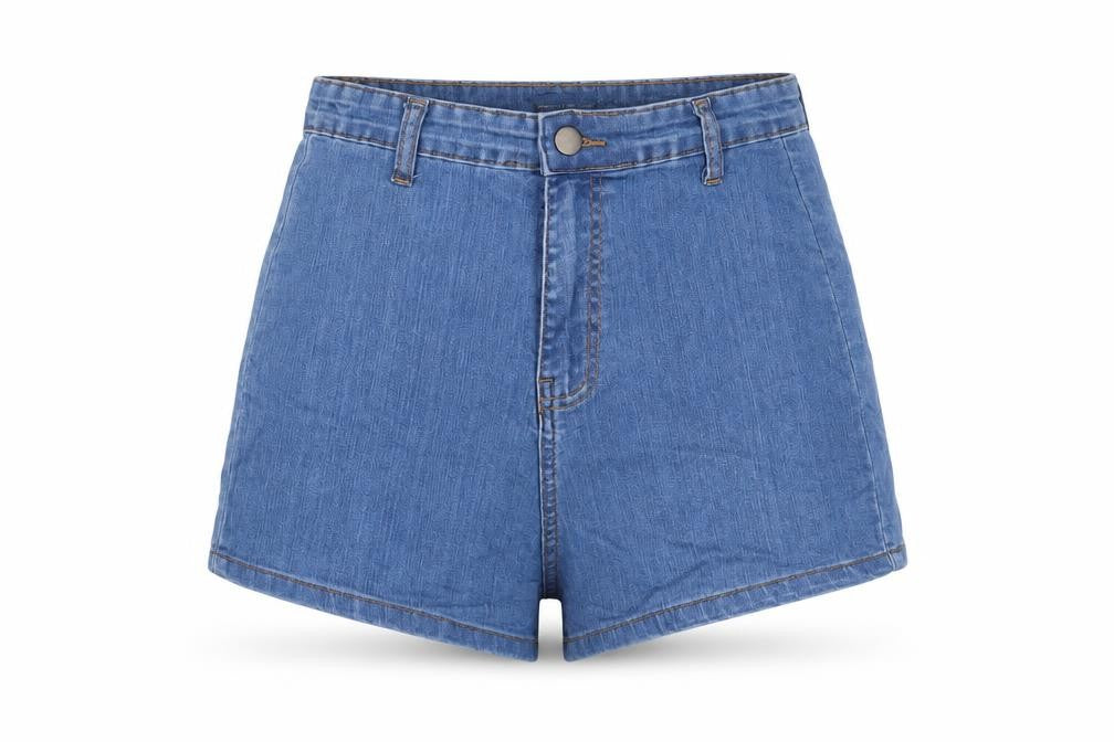 Front view of PRETTYLITTLETHING women’s blue cotton basic shorts, size UK 8, 3-inch leg regular zip