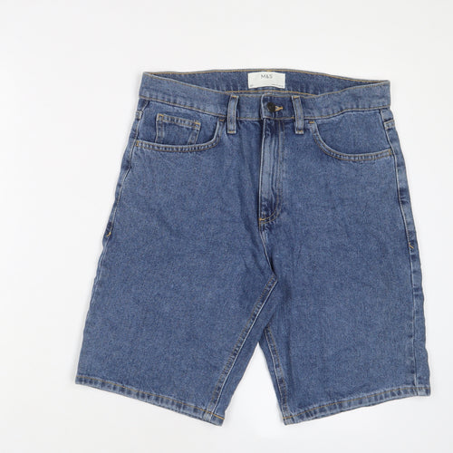 Marks and Spencer Mens Blue Cotton Bermuda Shorts Size 30 in L10 in Regular Zip