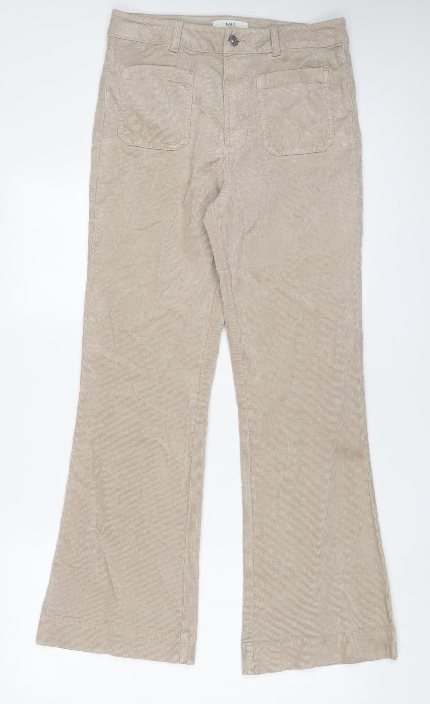 Marks and Spencer Womens Beige Cotton Trousers Size 12 L31 in Slim Zip