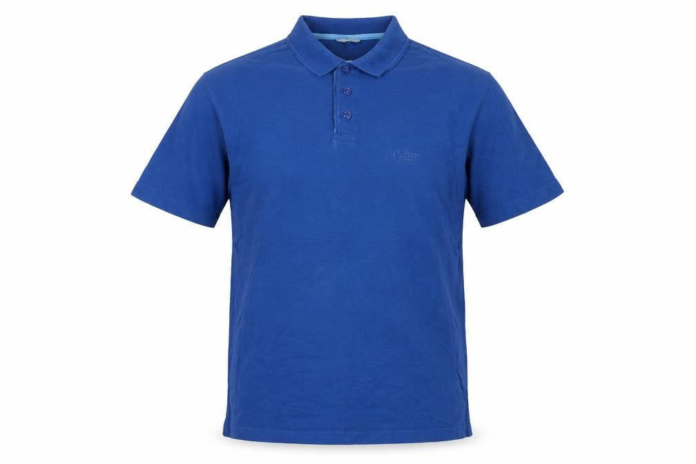 Front view of Cotton Traders men’s blue cotton polo, size M, collared button - logo, embroidered