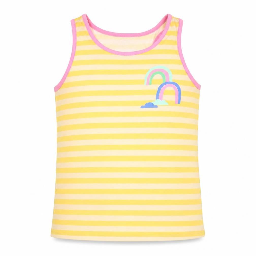 Front view of Cat & Jack girls’ yellow striped cotton basic tank, size 14, years scoop neck pullover - rainbows