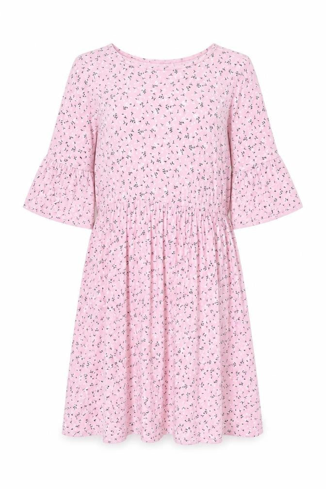 Front view of Boohoo women’s pink floral viscose a-line, size UK 8, crew neck pullover