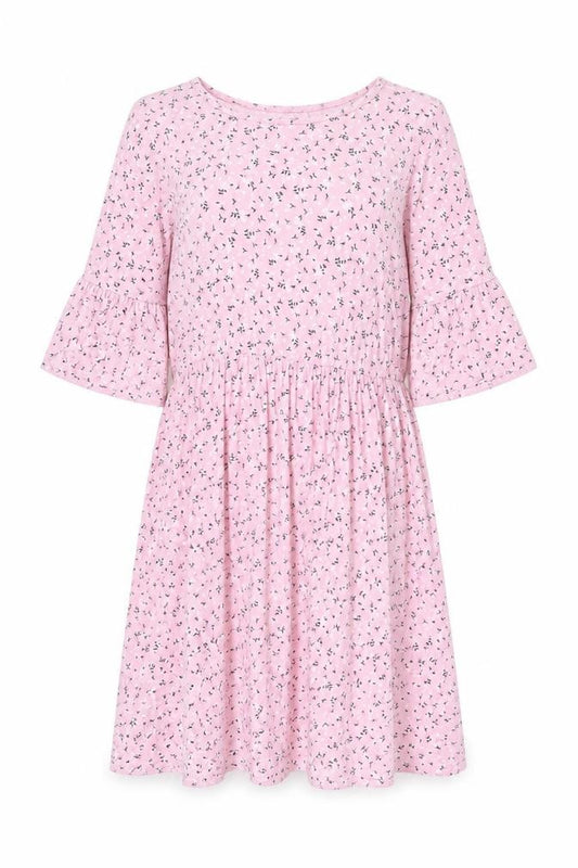 Front view of Boohoo women’s pink floral viscose a-line, size UK 8, crew neck pullover