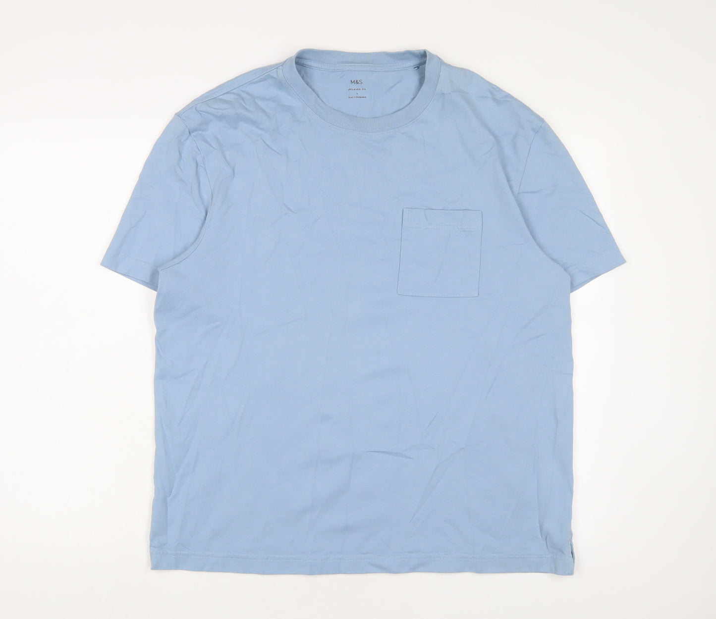 Marks and Spencer Mens Blue Cotton T-Shirt Size L Crew Neck