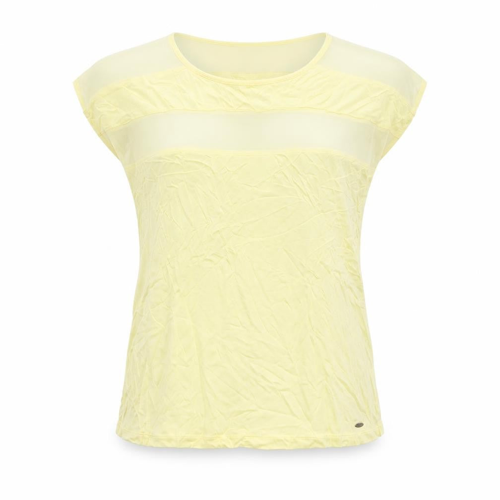 Front view of Betty & Co women’s yellow viscose basic t-shirt, size M, crew neck