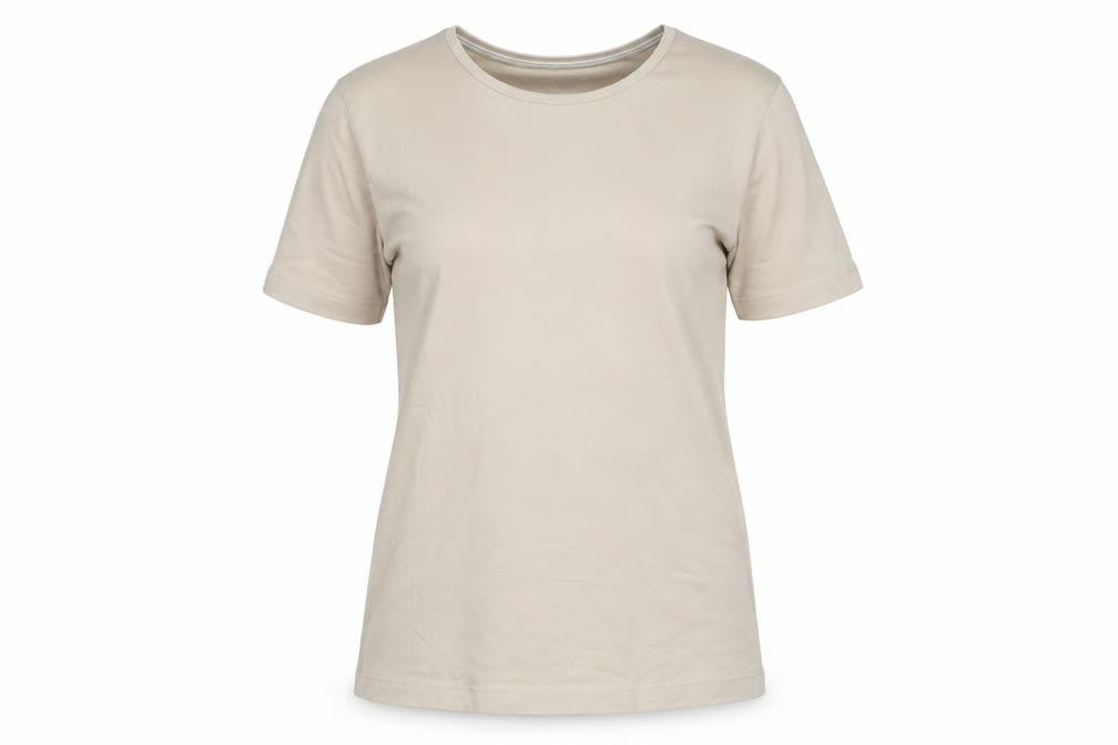 Front view of Bonmarché women’s beige cotton basic t-shirt, size XS, crew neck