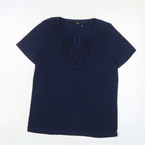 Bonmarché Womens Blue Polyester Basic T-Shirt Size M Crew Neck - Keyhole neck, Embroidered