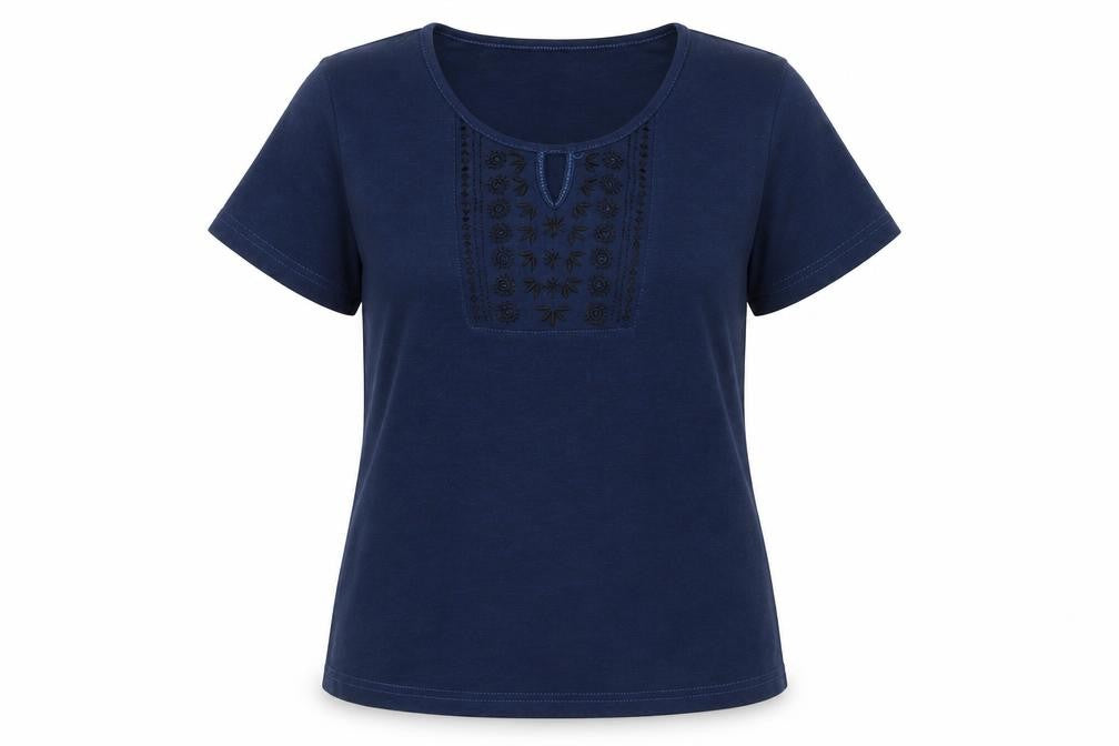 Front view of Bonmarché women’s blue polyester basic t-shirt, size M, crew neck - keyhole neck, embroidered
