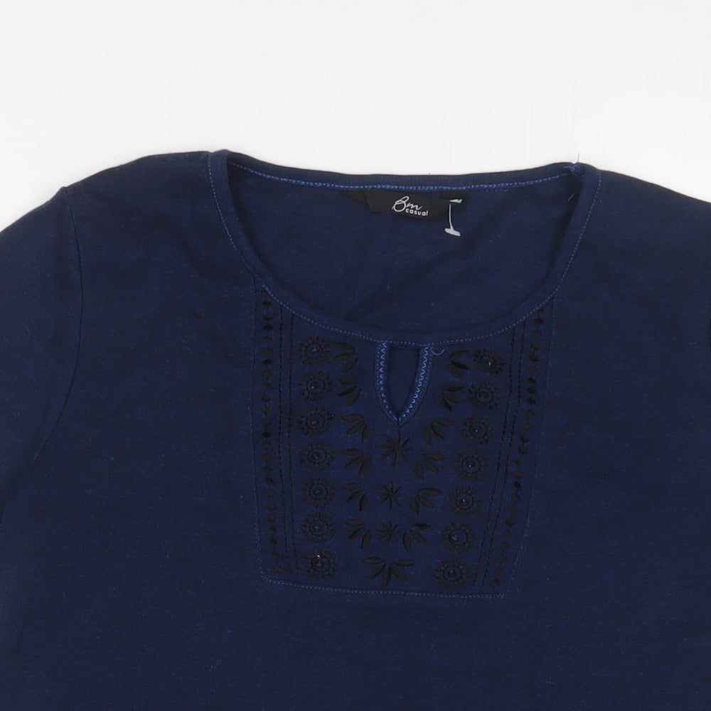 Bonmarché Womens Blue Polyester Basic T-Shirt Size M Crew Neck - Keyhole neck, Embroidered