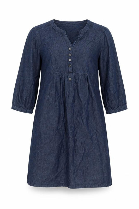 Front view of F&F women’s blue cotton a-line, size UK 12, crew neck button