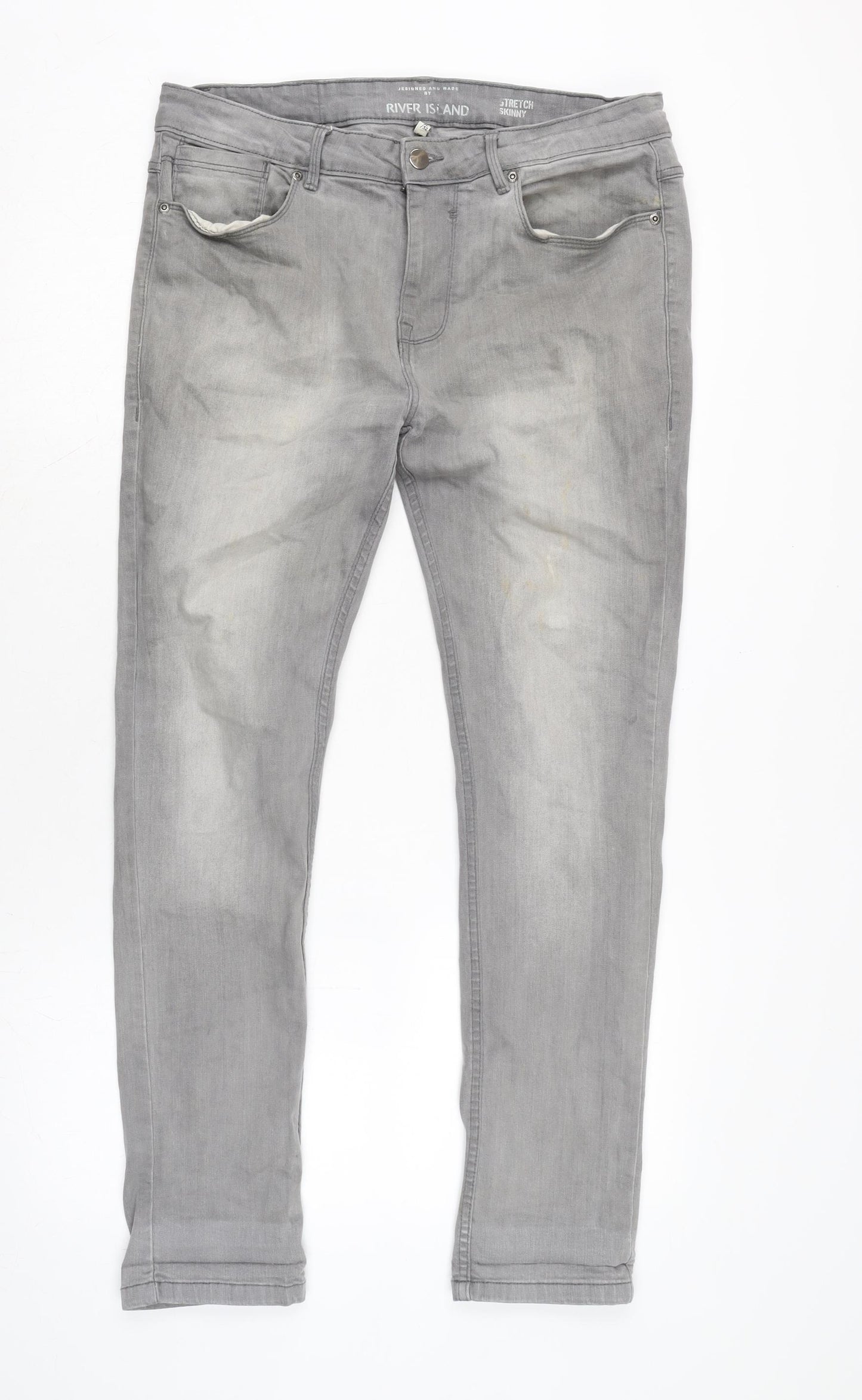 River Island Mens Grey Cotton Blend Skinny Jeans Size 34 in L29 in Regular Zip