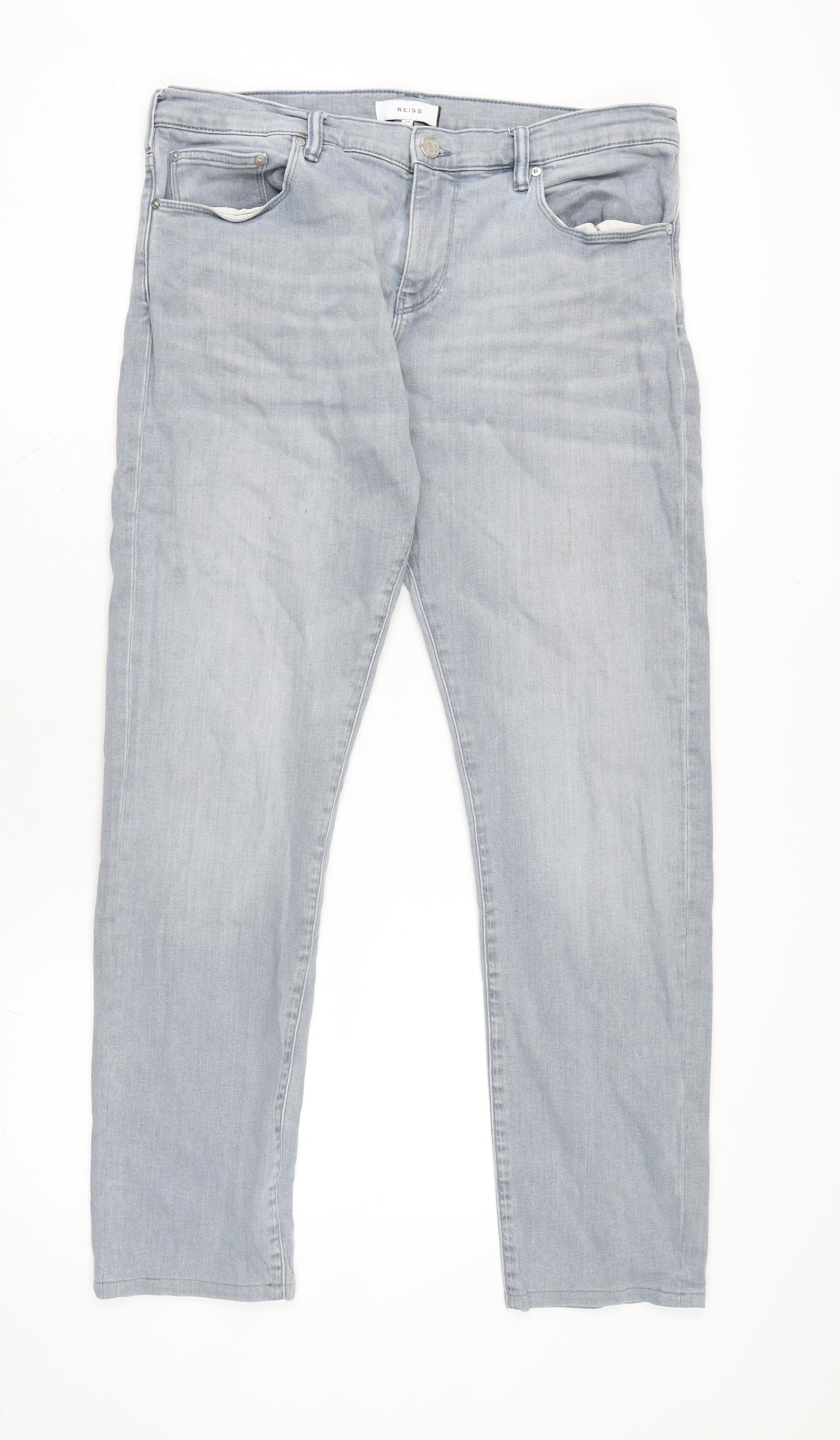 Reiss Mens Grey Cotton Blend Straight Jeans Size 34 in L29 in Regular Zip