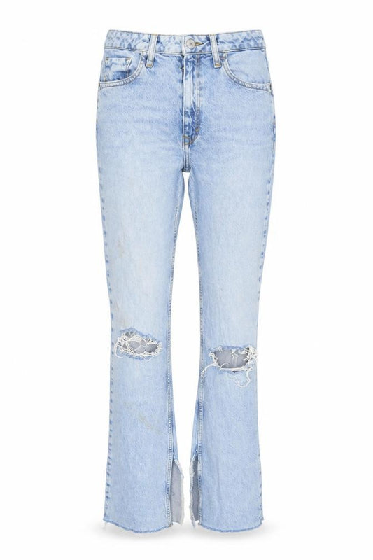 Front view of Zara women’s blue cotton blend bootcut jeans, size UK 10, 31-inch leg regular zip - inside side vents to legs.