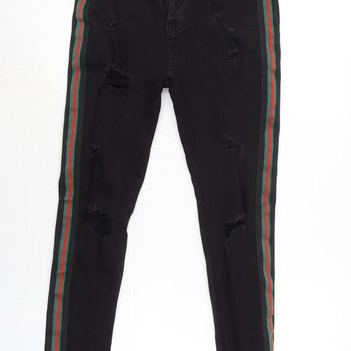 Glorious Gangster Mens Black Cotton Blend Tapered Jeans Size 28 in L28 in Regular Button - Striped detail to sides.