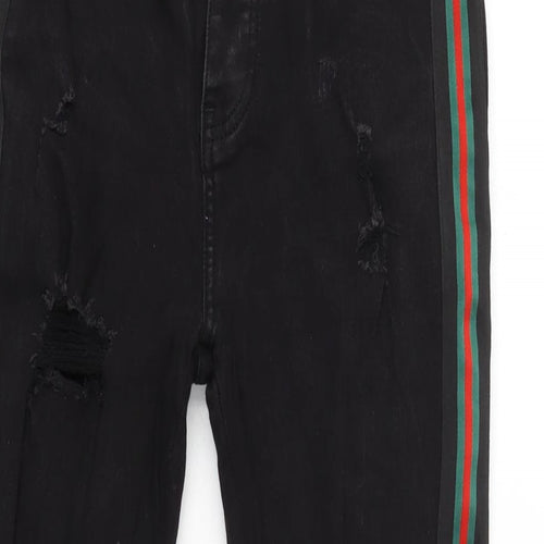 Glorious Gangster Mens Black Cotton Blend Tapered Jeans Size 28 in L28 in Regular Button - Striped detail to sides.