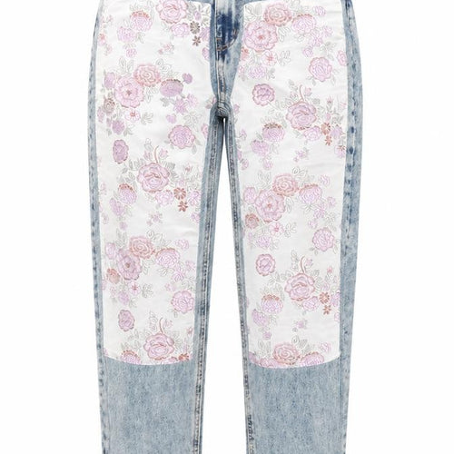 Berksha Womens Blue Floral Cotton Blend Straight Jeans Size 6 L28 in Regular Zip - Silky floral design to front legs.