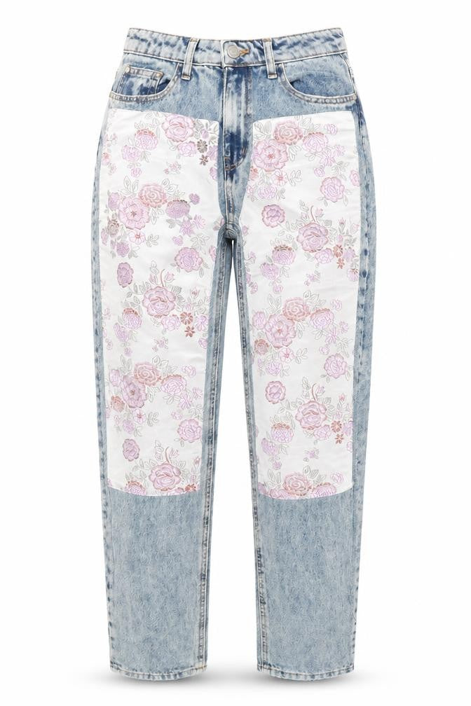 Berksha Womens Blue Floral Cotton Blend Straight Jeans Size 6 L28 in Regular Zip - Silky floral design to front legs.