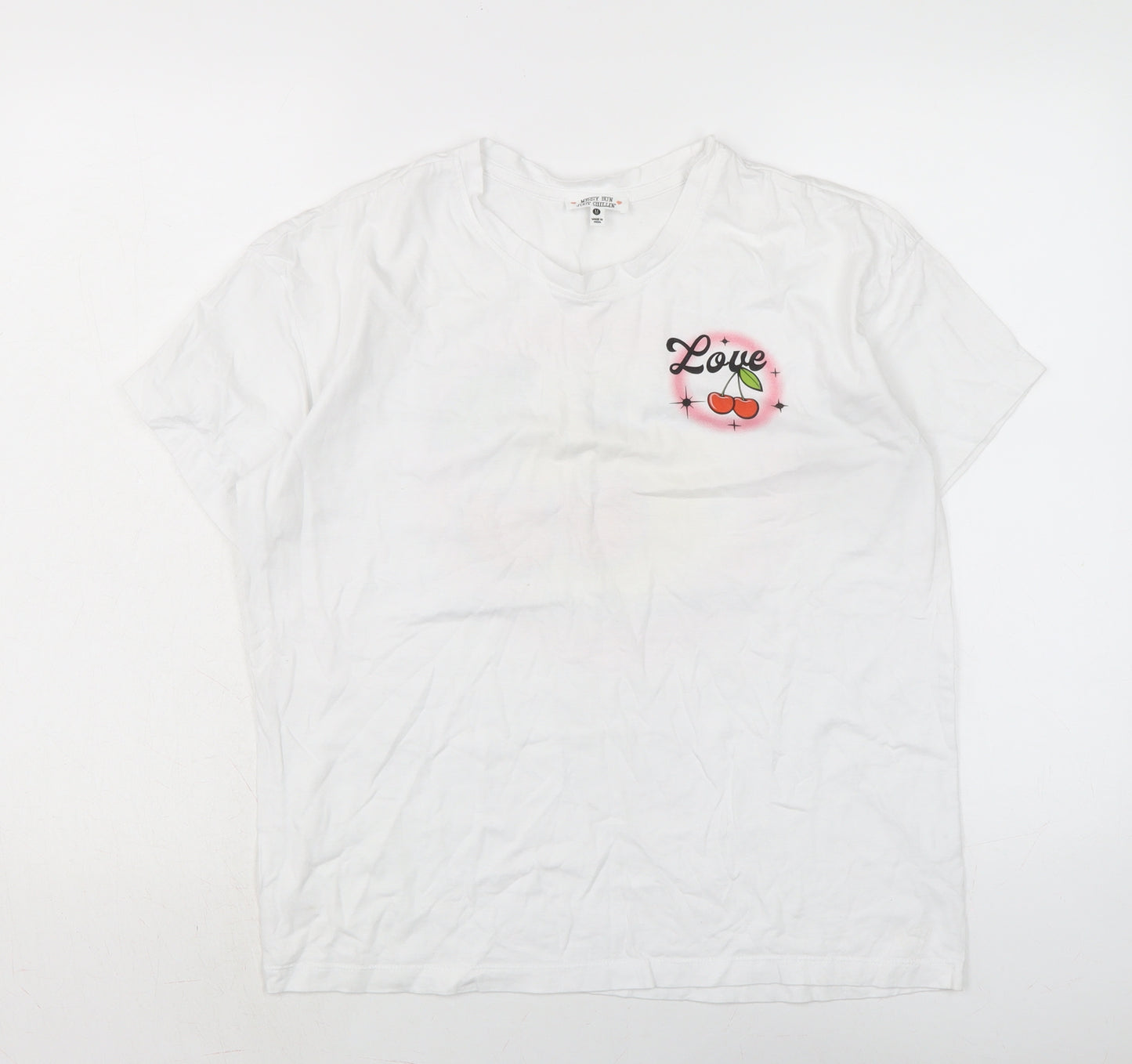 Messy Bun Womens White Cotton Basic T-Shirt Size M Crew Neck
