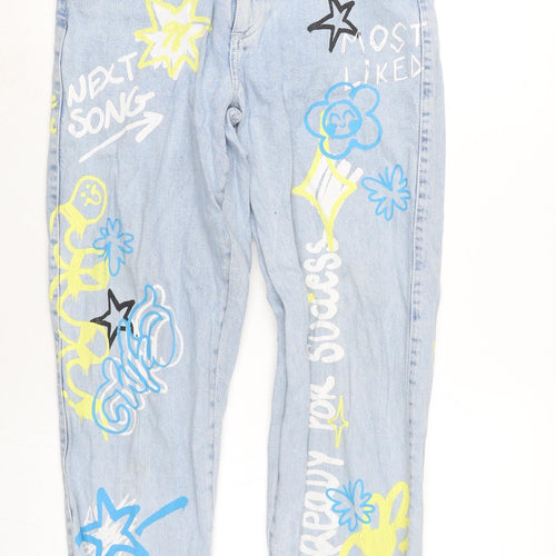 Bershaka Womens Blue Cotton Tapered Jeans Size 8 L28 in Extra-Slim Zip - Graphics to font and back.