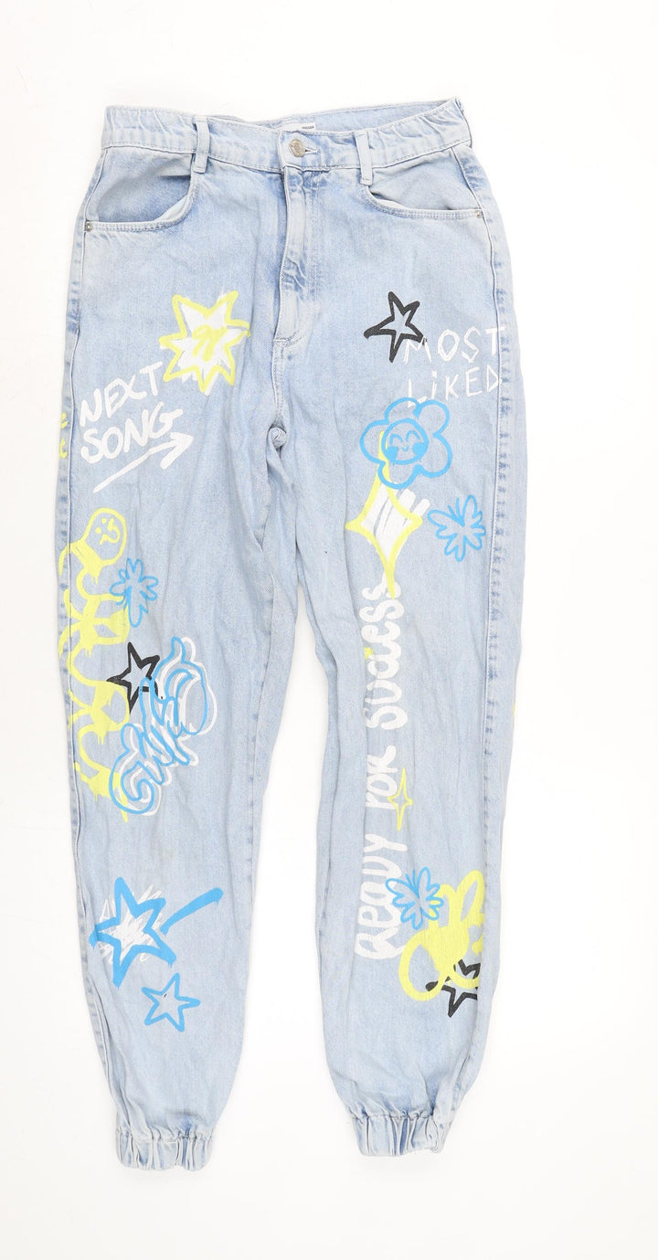 Bershaka Womens Blue Cotton Tapered Jeans Size 8 L28 in Extra-Slim Zip - Graphics to font and back.