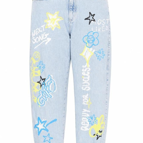 Bershaka Womens Blue Cotton Tapered Jeans Size 8 L28 in Extra-Slim Zip - Graphics to font and back.