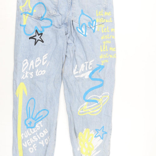 Bershaka Womens Blue Cotton Tapered Jeans Size 8 L28 in Extra-Slim Zip - Graphics to font and back.