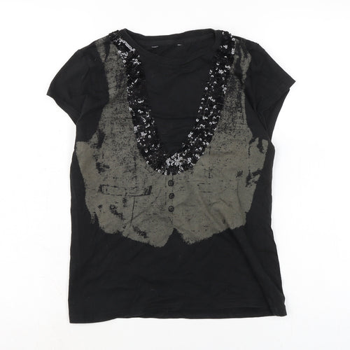 New Look Womens Black Cotton Basic T-Shirt Size 10 Crew Neck - Sequins to front.