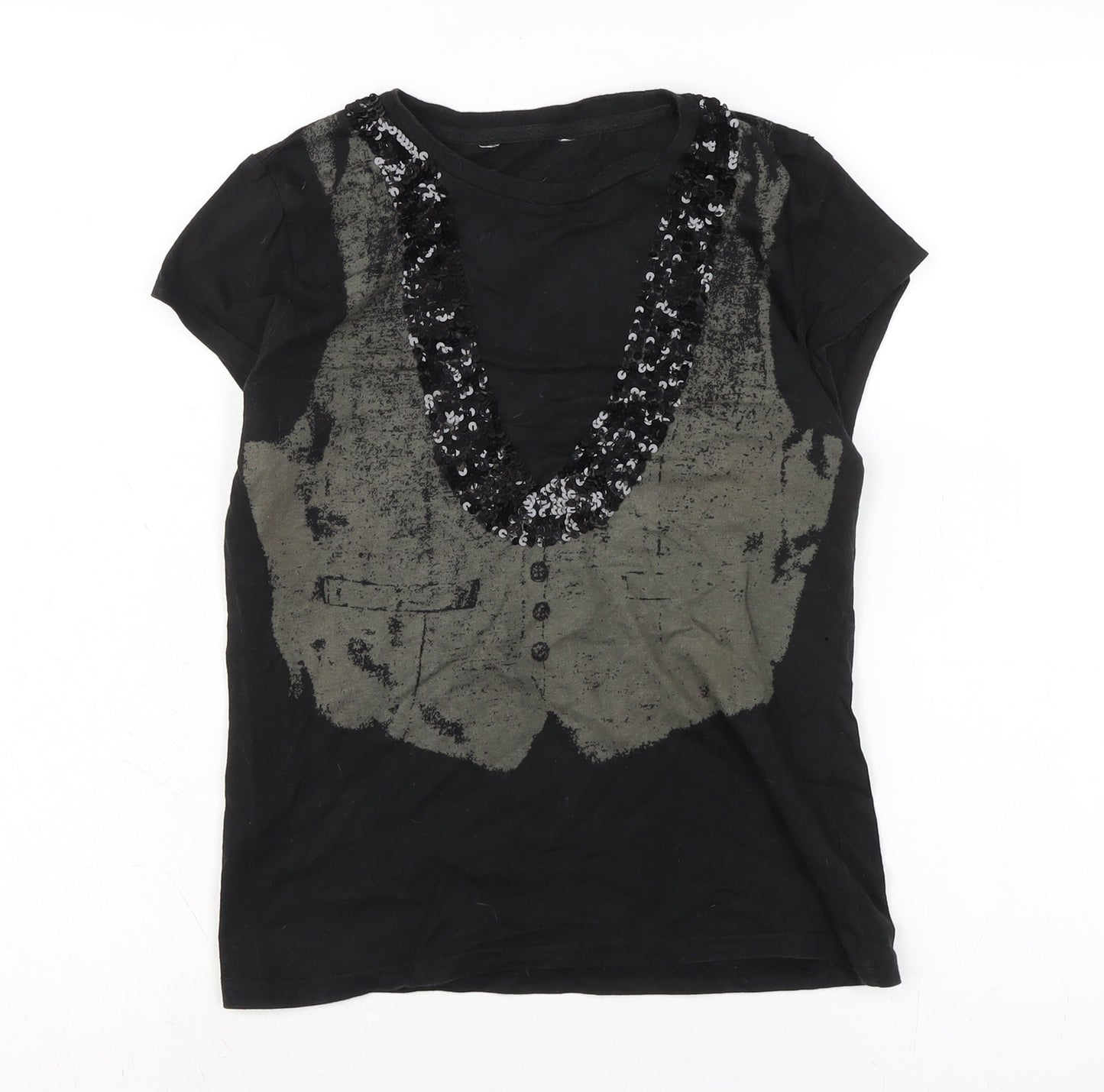New Look Womens Black Cotton Basic T-Shirt Size 10 Crew Neck - Sequins to front.