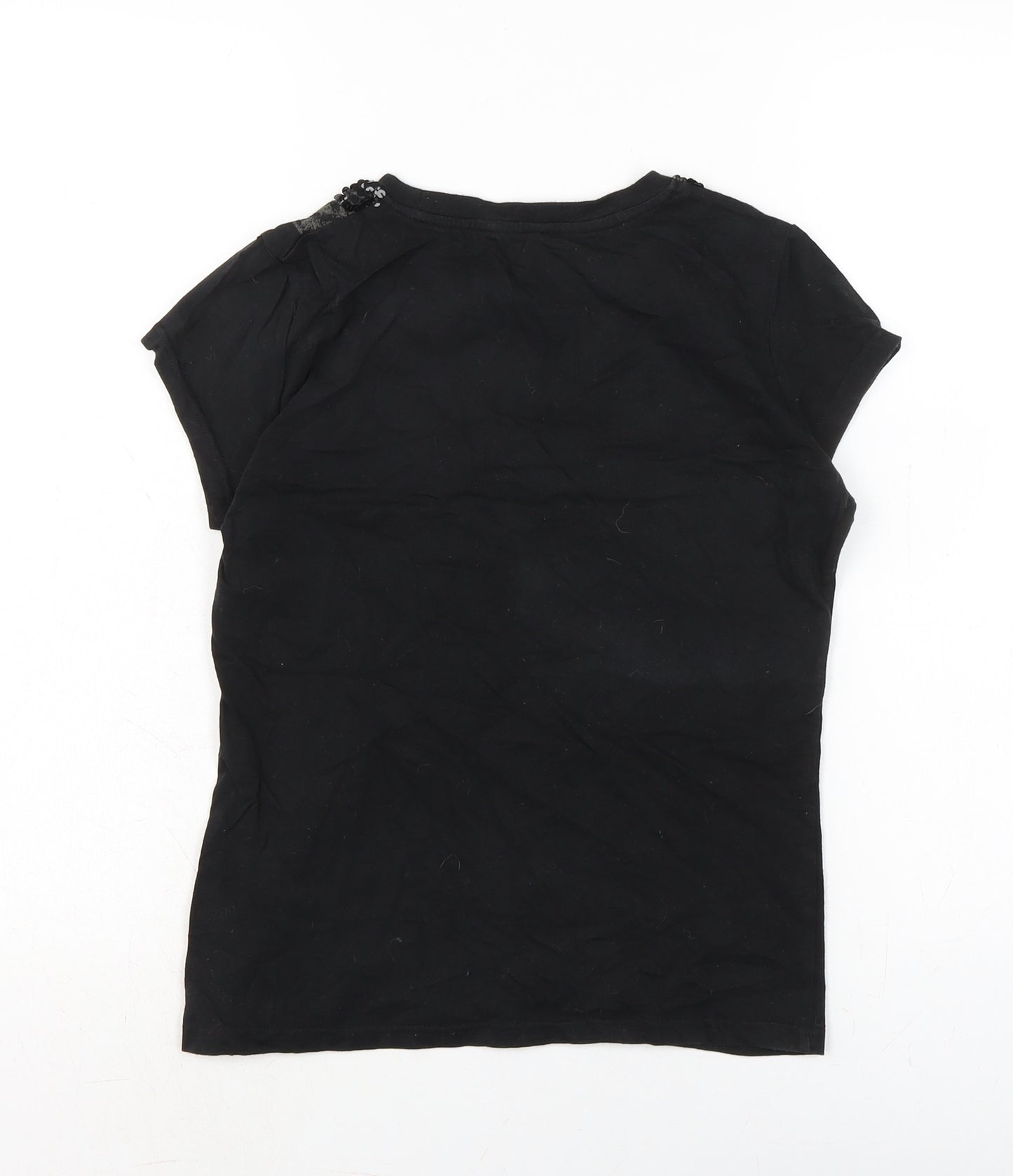 New Look Womens Black Cotton Basic T-Shirt Size 10 Crew Neck - Sequins to front.