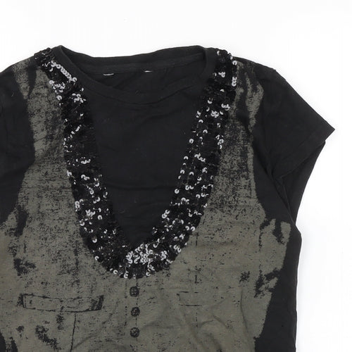 New Look Womens Black Cotton Basic T-Shirt Size 10 Crew Neck - Sequins to front.