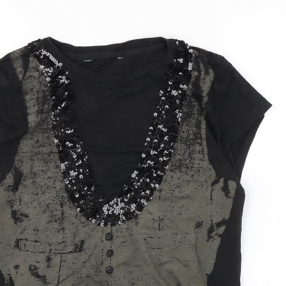 New Look Womens Black Cotton Basic T-Shirt Size 10 Crew Neck - Sequins to front.