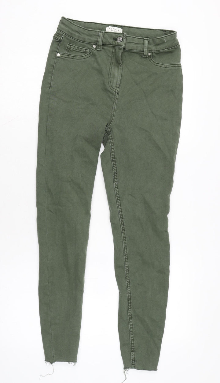 Papaya Womens Green Cotton Blend Tapered Jeans Size 12 L27 in Extra-Slim Zip - Raw Hem