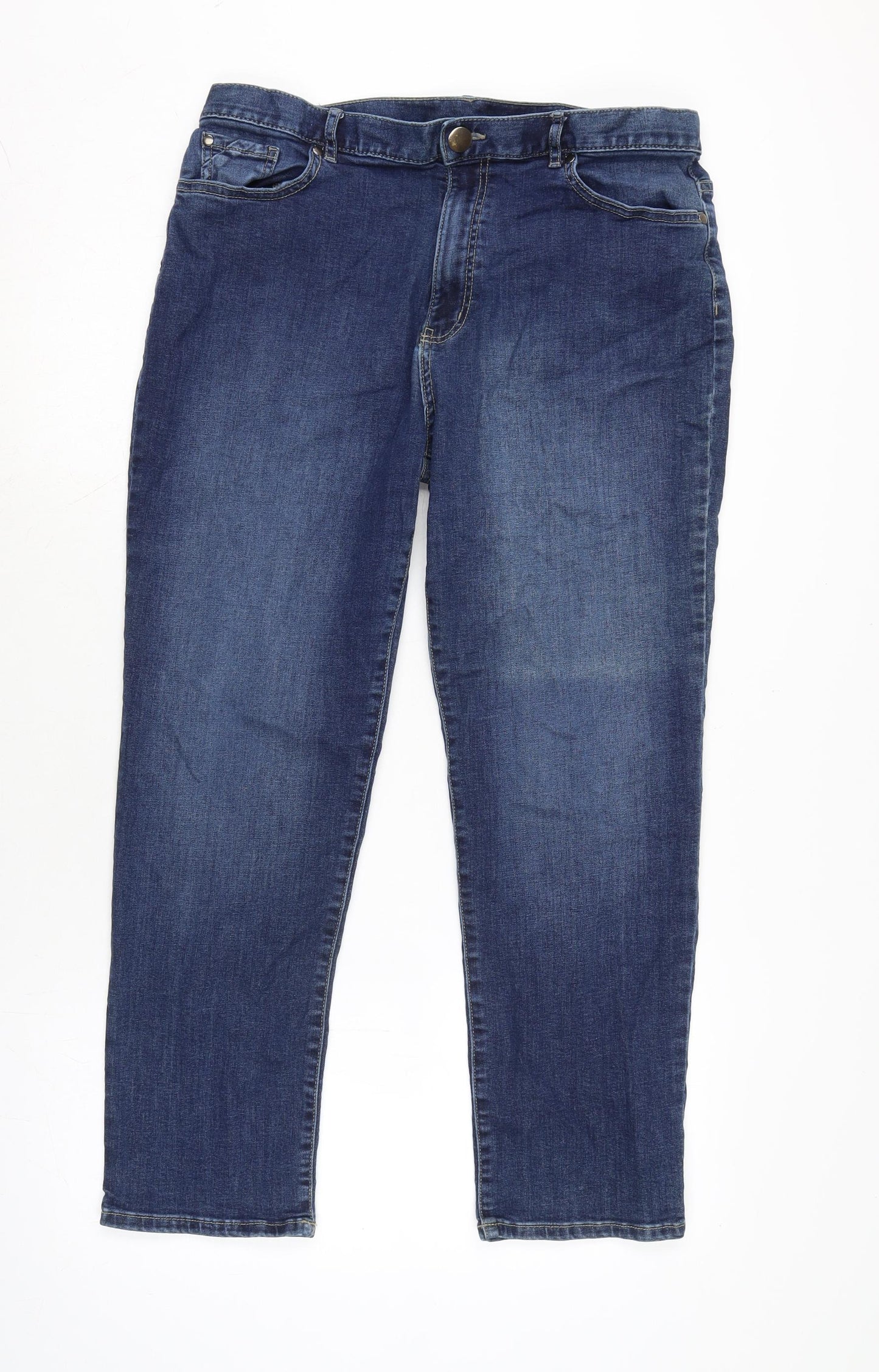 Marks and Spencer Womens Blue Cotton Blend Straight Jeans Size 16 L26 in Regular Zip