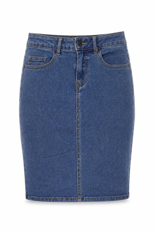 Front view of Vera Moda women’s blue cotton bandage skirt, size XS, zip
