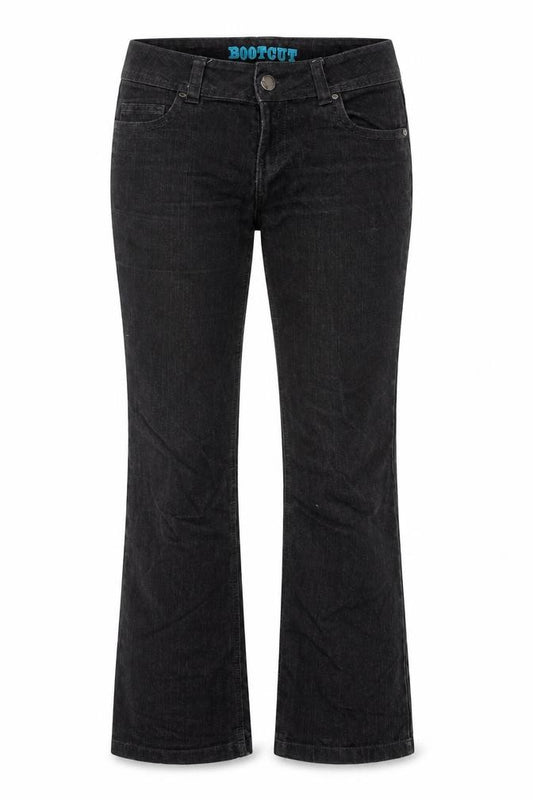Front view of Denim & Co. women’s grey cotton blend bootcut jeans, size UK 10, 30-inch leg regular zip